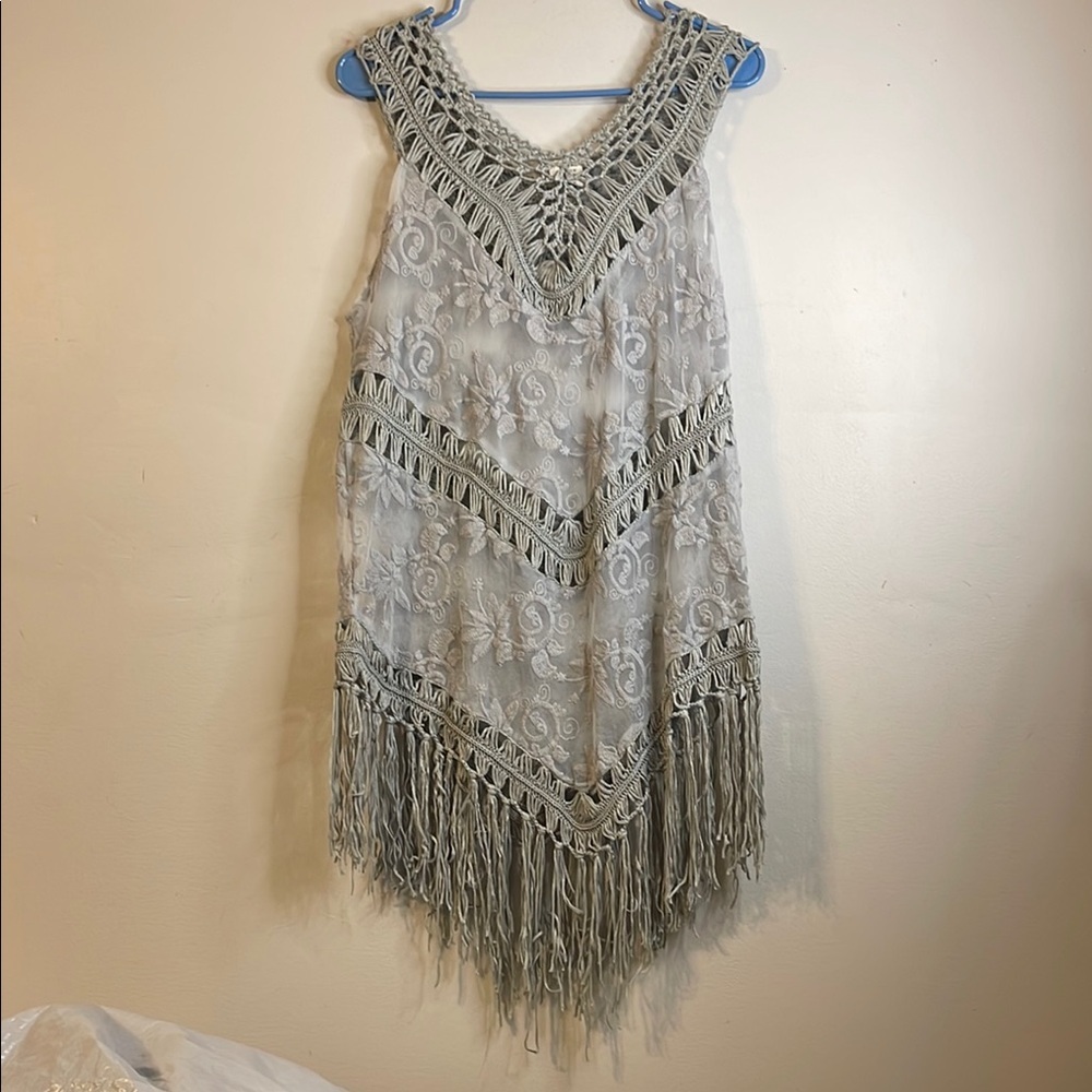 Advance Apparels Boho Crochet Fringe Tunic Dress Gray Free Size EUC #69